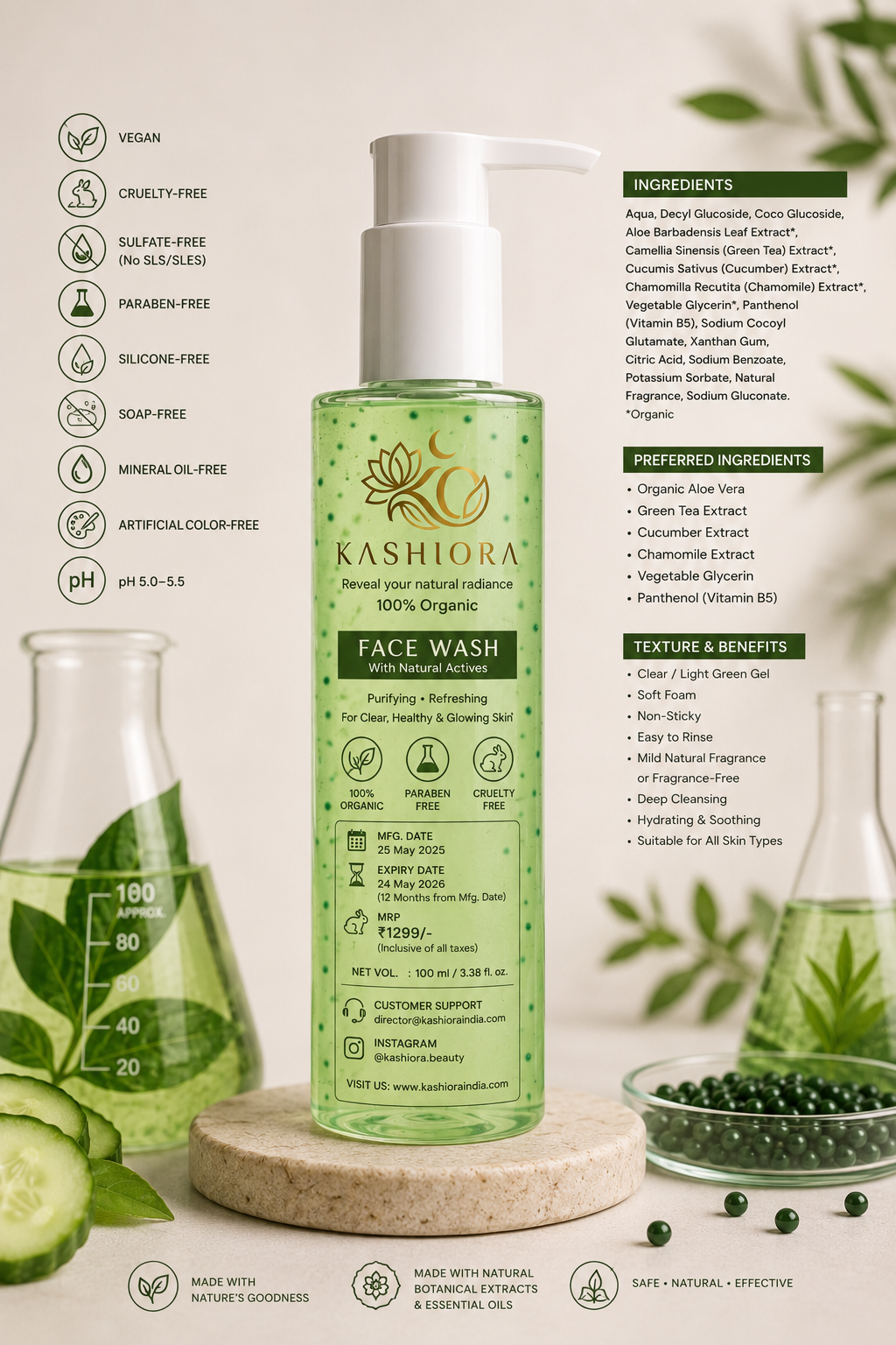 Kashiora 100% Organic Green Tea & Aloe Vera Face Wash – Natural Hydrating Cleanser (100 ml)